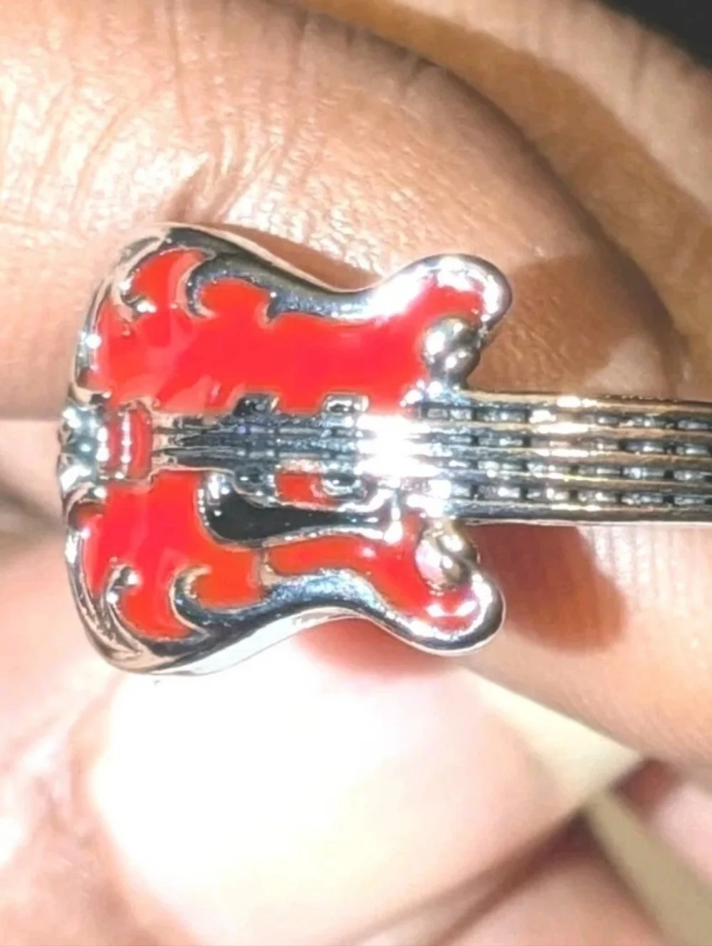 Elvis Inspired Silver Plated Guitar Red Enamel   Unisex Intricate Detailed Ring